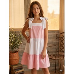 VESTIDO BLOQUES REF 8696 BLANCO CON ROSADO